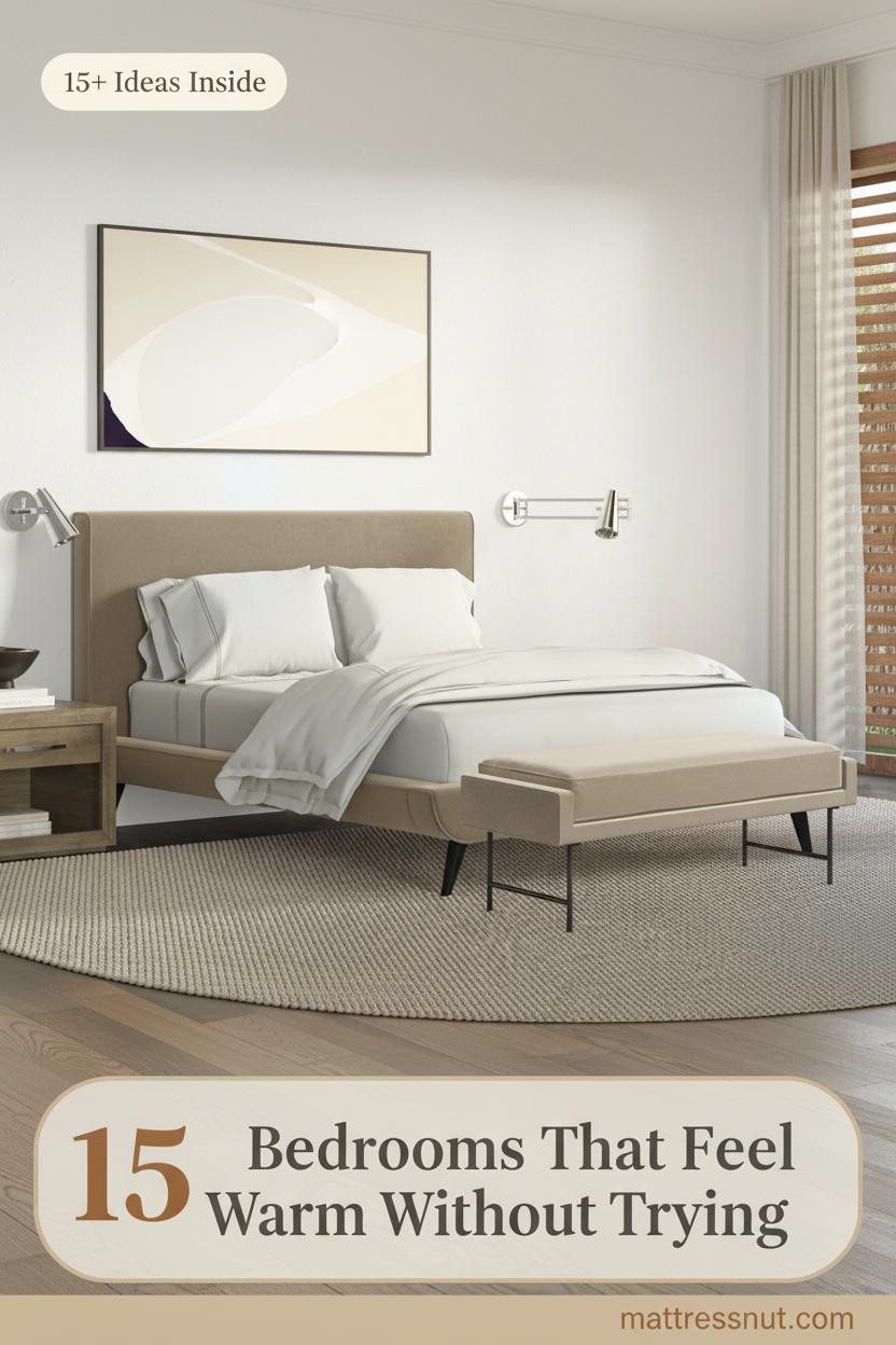 Airy neutral bedroom with cream plaster walls, bleached oak floors, woven jute rug, linen sheers, and a taupe upholstered bed in soft morning light