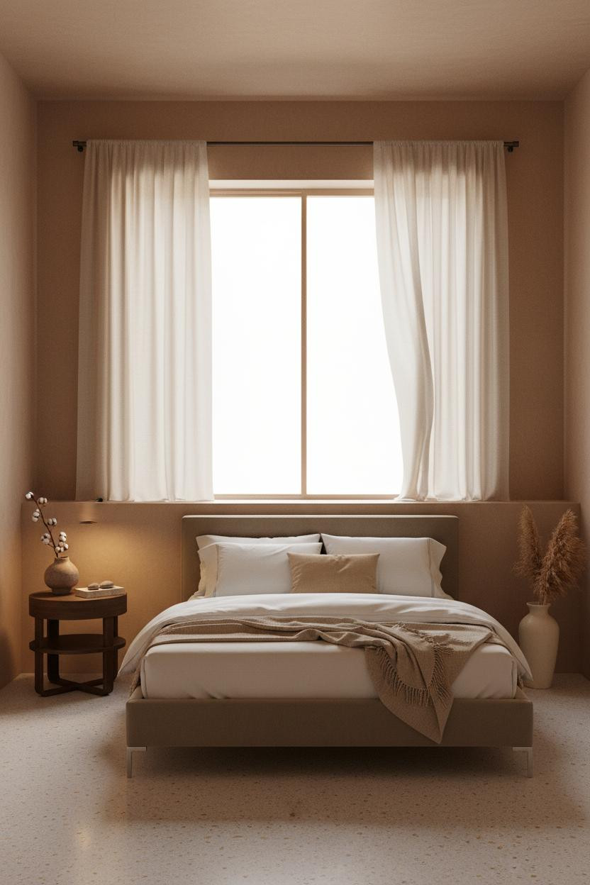 Bright neutral bedroom with cream walls, beige bedding on platform bed, light wood nightstand, soft natural light from window, minimalist decor, calm earthy tones throughout.
