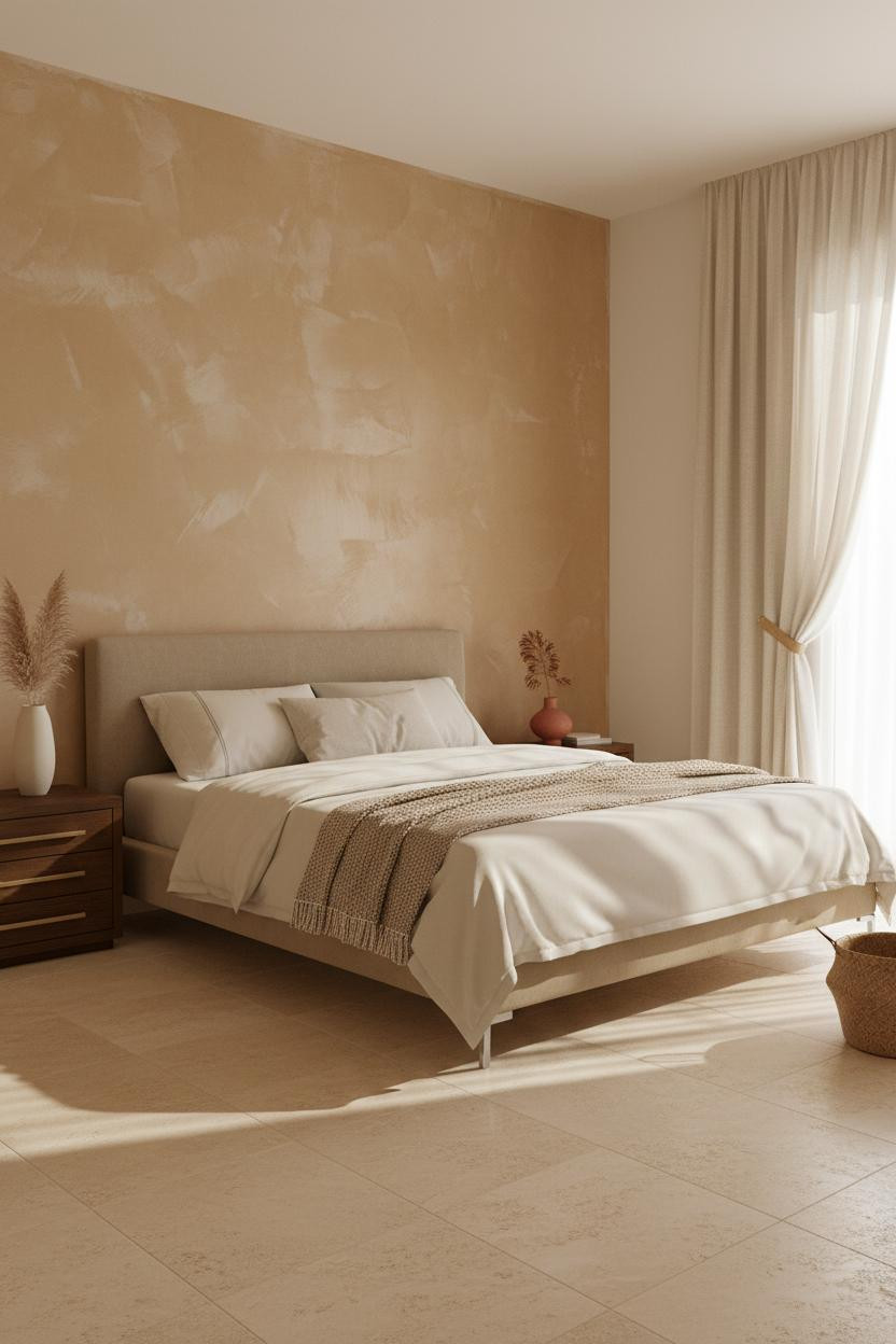 Bright neutral bedroom with cream walls, beige bedding on platform bed, matte brass nightstand, soft linen textures, natural window light, minimalist decor in warm earth tones.