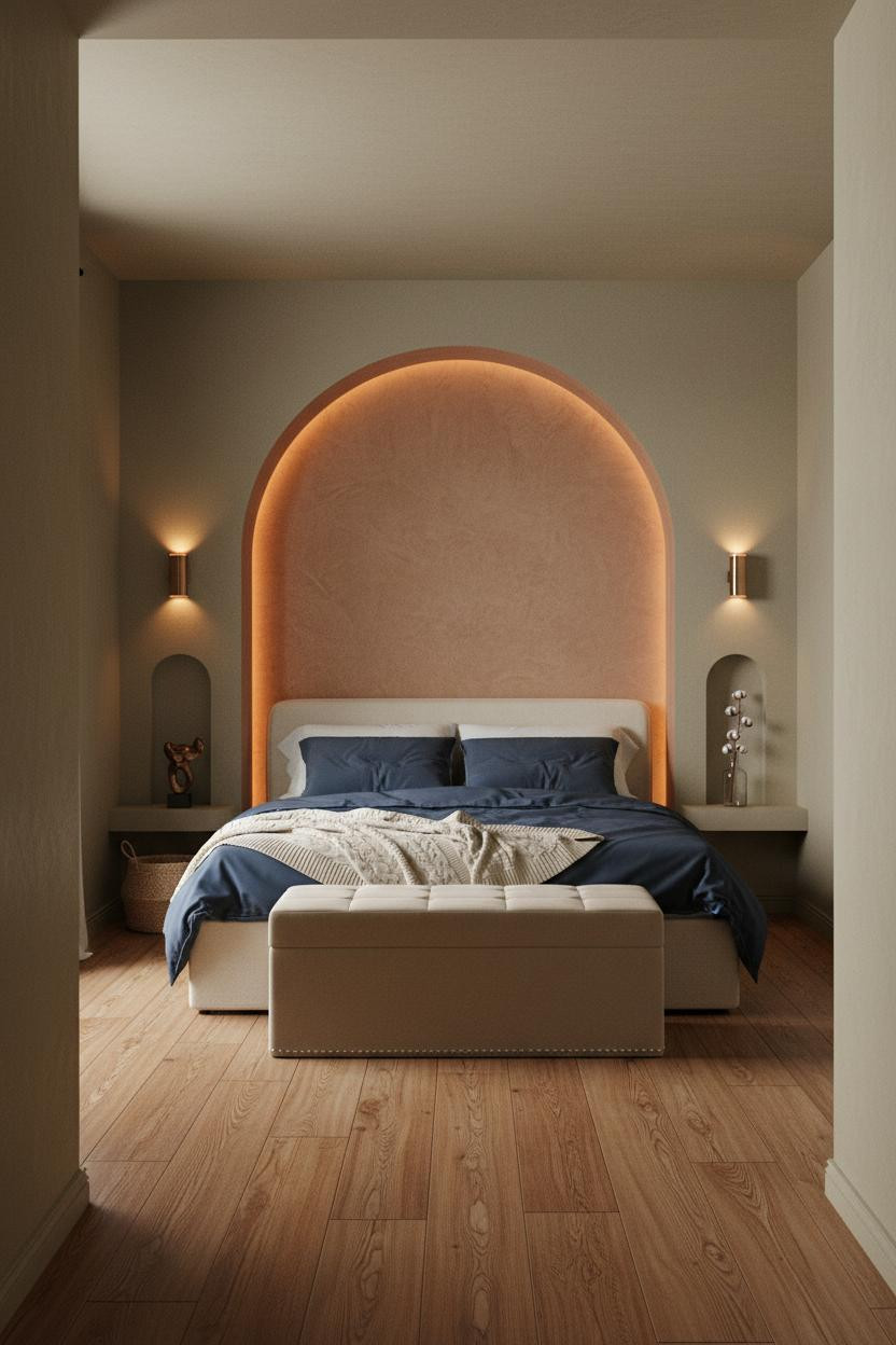 Neutral Earthy Bedroom Arched Alcove Warm