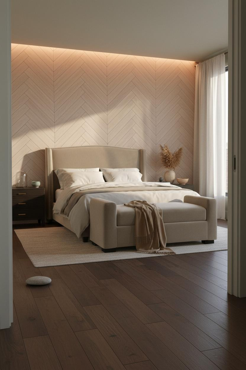 Neutral Earthy Bedroom Herringbone Wood Wall