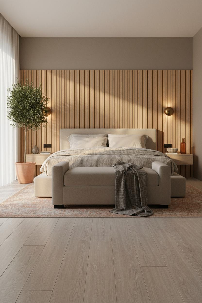 Neutral Earthy Bedroom Honey Oak Head Wall