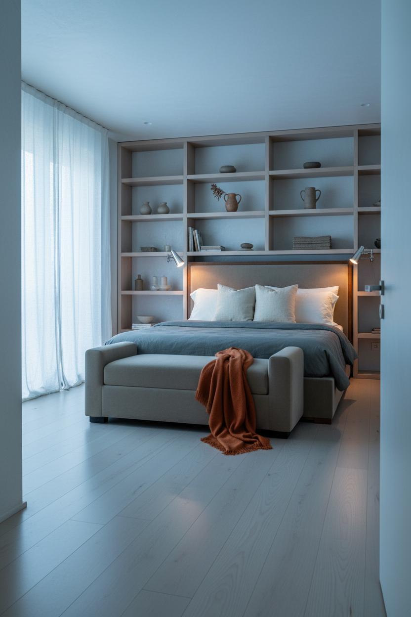 Neutral Earthy Bedroom Minimalist Shelving