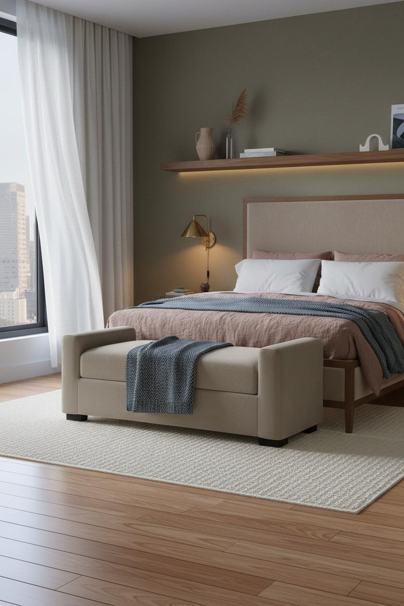 Neutral Earthy Bedroom Walnut Shelf Linen