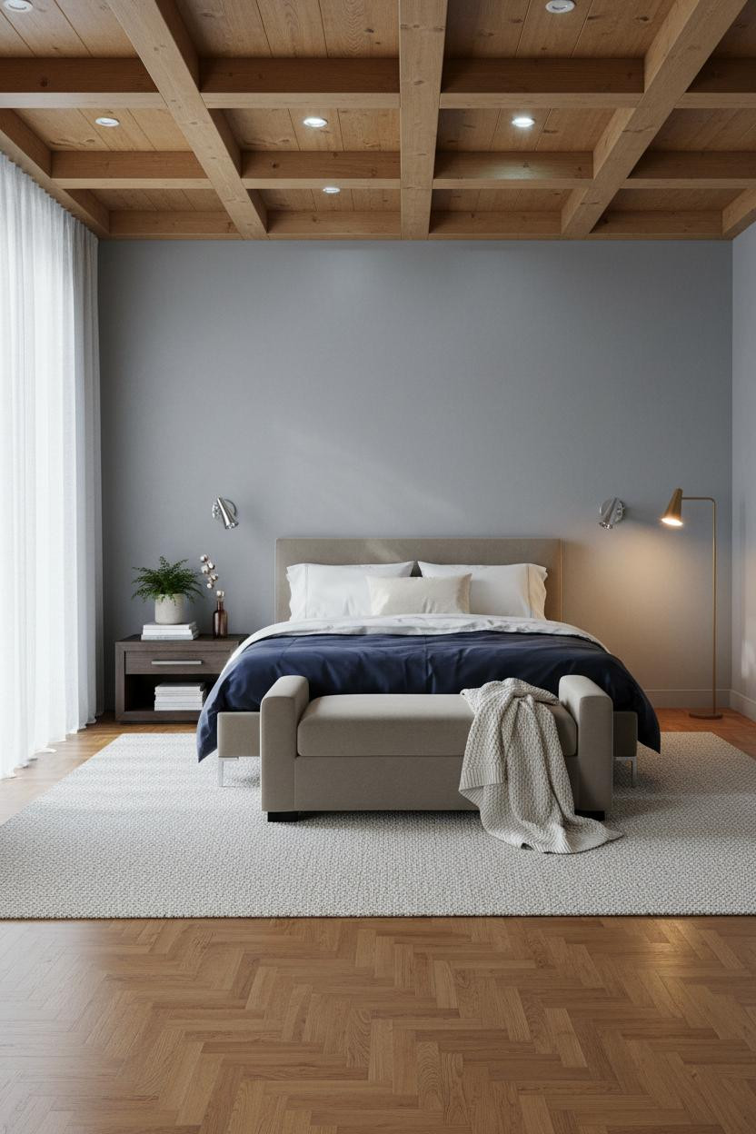 Neutral Earthy Bedroom Warm Coffered Ceiling