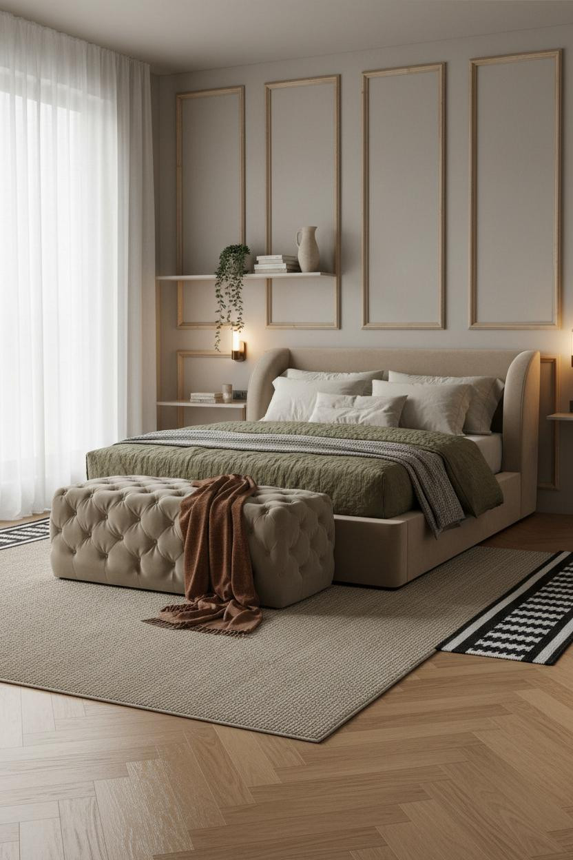Neutral Earthy Bedroom Warm Wood Paneling