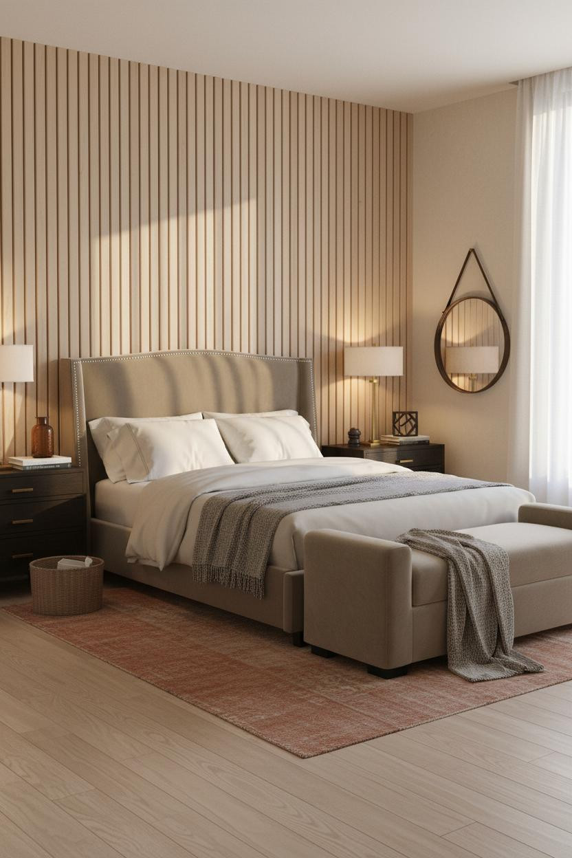 Neutral Earthy Bedroom Warm Wood Slatted Wall
