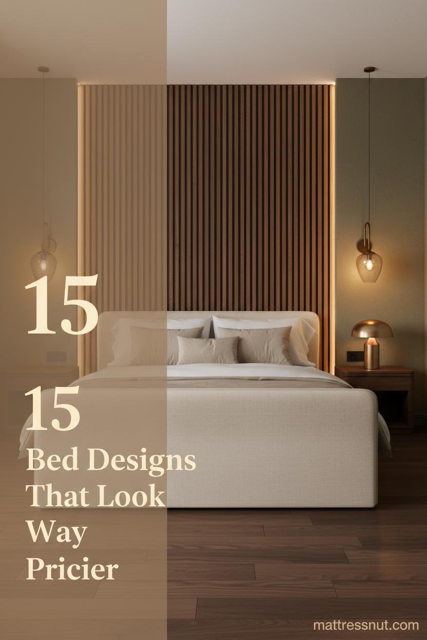 Warm modern bedroom with walnut slat feature wall, ivory linen bedding, brass lamp on nightstand, olive plaster walls, and amber sconce lighting