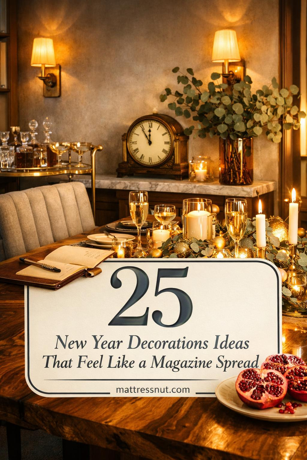 Elegant party table with gold confetti, champagne flutes, metallic balloons, and sparkling centerpiece for New Year