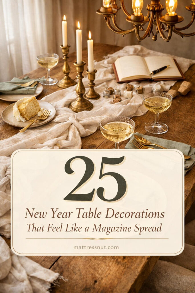 Elegant dining table set with champagne flutes, gold accents, white linens, candles, and festive centerpiece for celebration