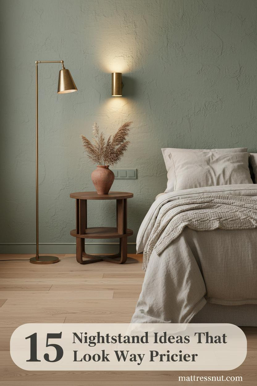 Walnut nightstand with terracotta vase and dried grass beside oatmeal linen bedding, sage plaster wall, warm brass lamp glow