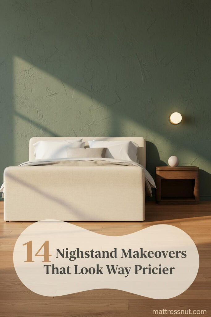 DIY nightstand makeover beside sage plaster wall, brass sconce, linen bedding in stone and cream, warm amber hardwood floor