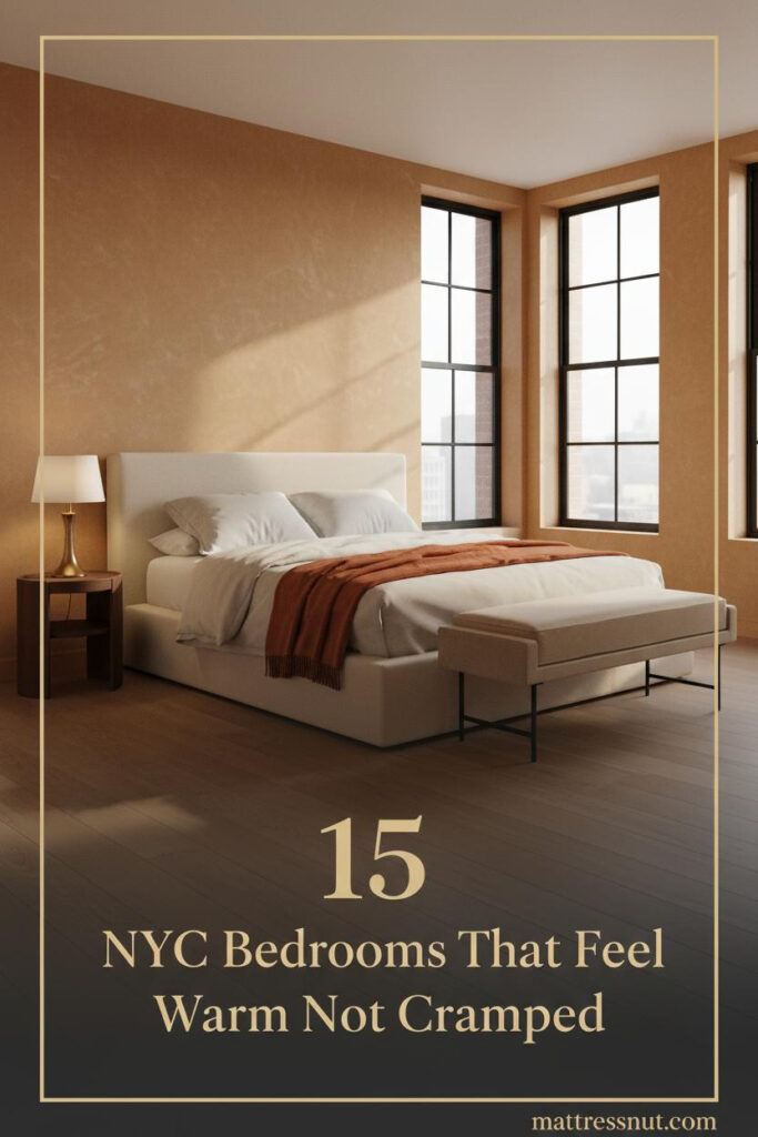 Compact NYC apartment bedroom with warm amber plaster walls, oak flooring, ivory linen bedding, rust throw, and steel-grid windows