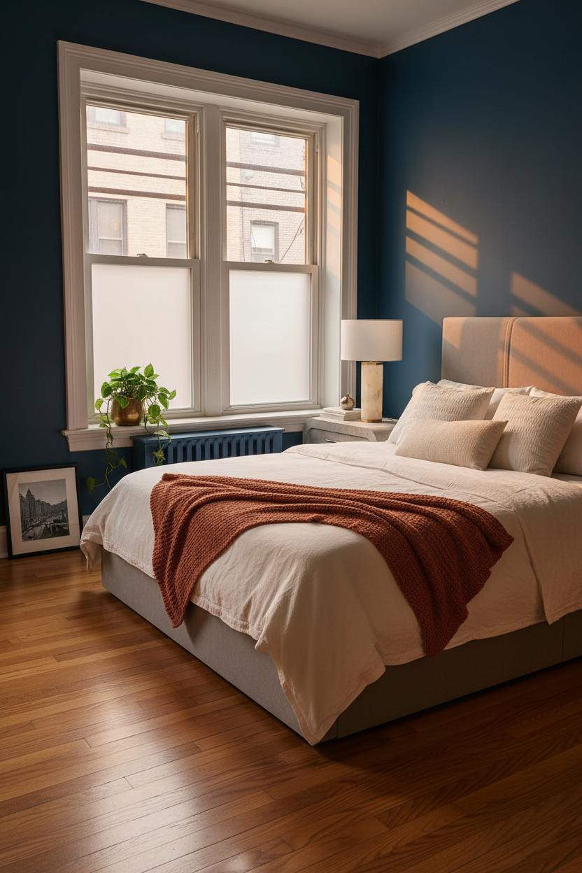 Bright NYC bedroom with warm cream walls, natural wood bed frame, soft linen bedding, and modern brass bedside lamp on wooden nightstand near window with natural daylight.