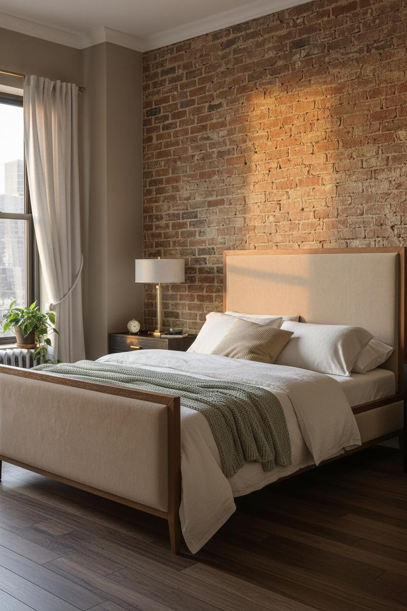 Bright NYC bedroom with warm neutral palette, wooden bed frame, black nightstand, soft natural light from window, minimalist decor, and cozy apartment aesthetic design.