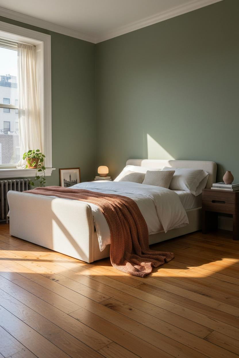 Bright NYC bedroom with warm beige walls, modern bed frame, wooden nightstand, soft natural light from window, neutral bedding, and minimalist decor creating cozy apartment aesthetic.