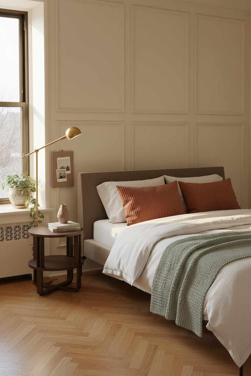Bright NYC bedroom with warm neutral tones, modern bed frame, wooden nightstand, soft natural light from window, minimalist decor, and clean contemporary apartment aesthetic.