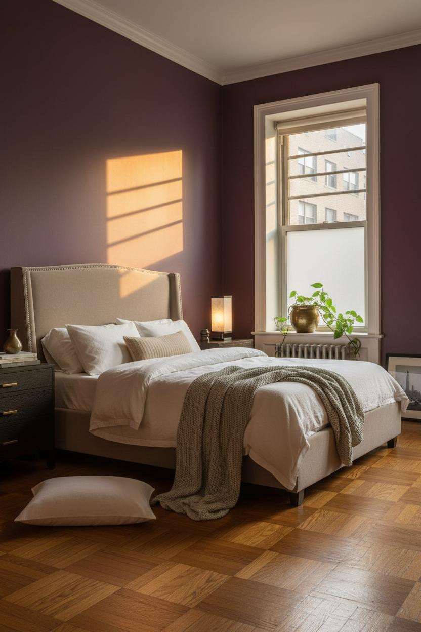 Bright NYC bedroom with warm beige walls, modern bed frame, soft natural light from window, matte brass bedside lamp, neutral linens, and minimalist decor creating cozy apartment aesthetic.