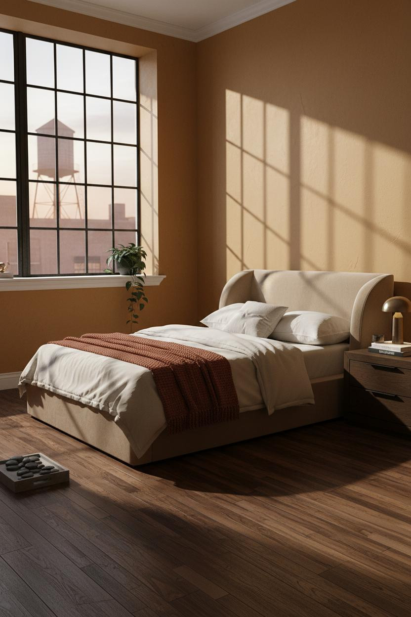 Bright NYC bedroom with warm beige walls, natural wood bed frame, soft linen bedding, wooden nightstand, and soft window light creating a cozy apartment aesthetic.