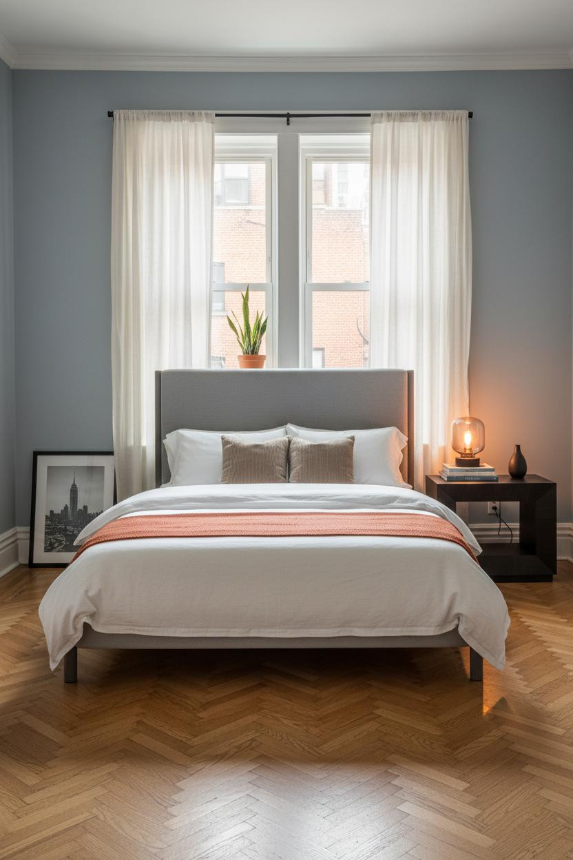 Bright NYC bedroom with warm white walls, modern bed frame, wood nightstand, soft natural light from window, neutral bedding, minimalist apartment aesthetic.