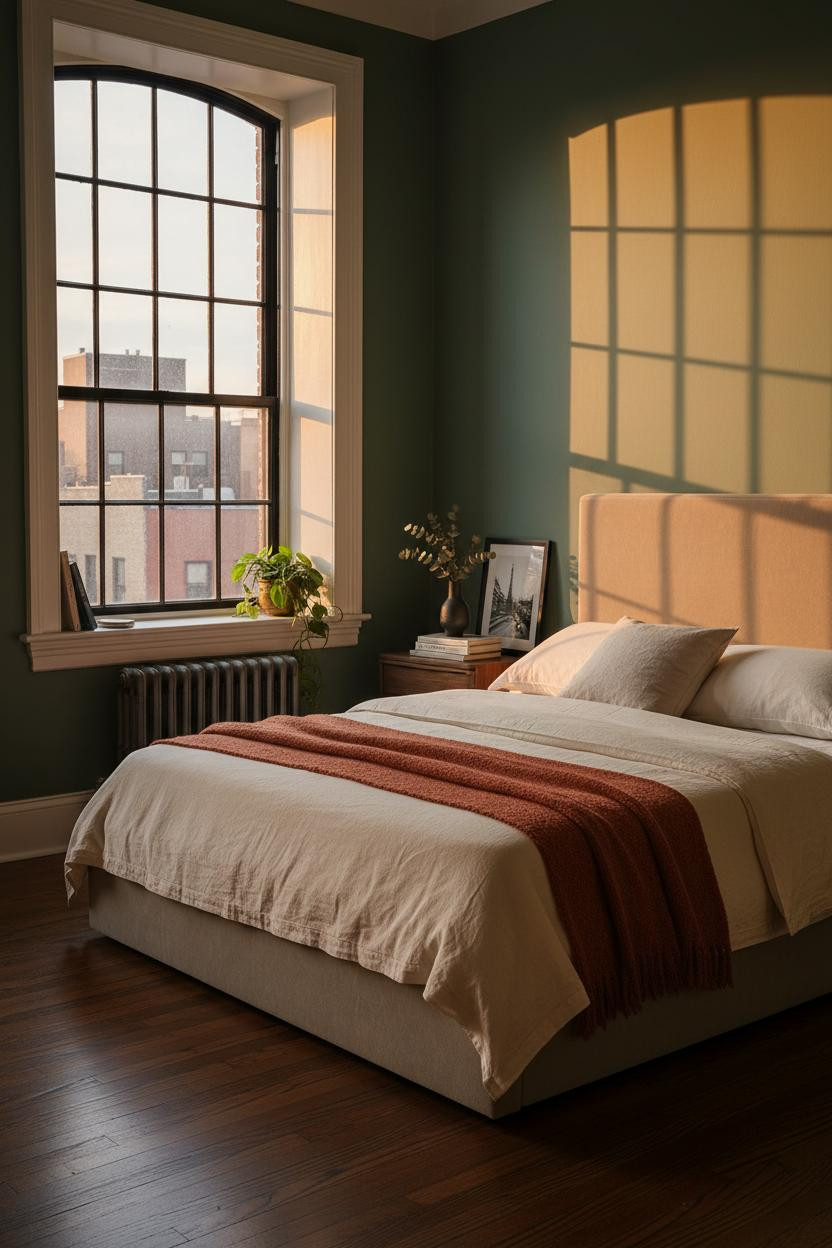 Bright NYC bedroom with warm beige walls, natural wood nightstand, soft linens on bed frame, window light, minimalist decor, and calm apartment aesthetic.