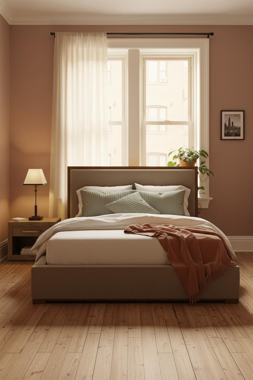 Bright NYC bedroom with warm beige walls, modern bed frame, soft bedside lamp, natural window light, neutral linens, and minimalist decor creating a cozy New York apartment aesthetic.