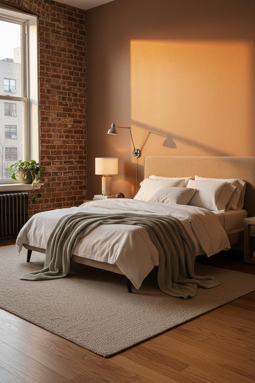 Bright NYC bedroom with warm beige walls, modern wooden bedframe, soft brass bedside lamp, natural window light, neutral linens, and minimalist decor creating a cozy New York apartment aesthetic.