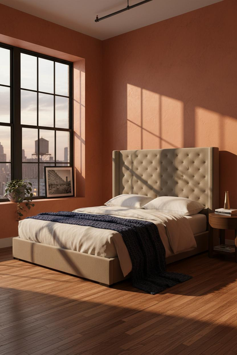 Bright NYC bedroom with warm cream walls, natural wood bed frame, soft linen bedding, brass nightstand lamp, and minimalist decor creating cozy apartment aesthetic