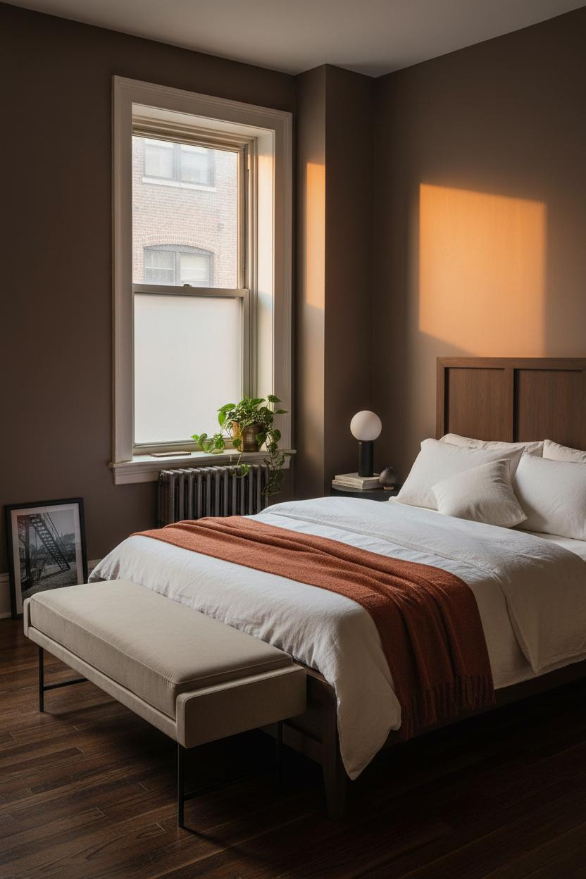 Bright NYC bedroom with warm wood bed frame, cream bedding, cushioned bench at foot, soft natural light from window, neutral palette, cozy apartment aesthetic