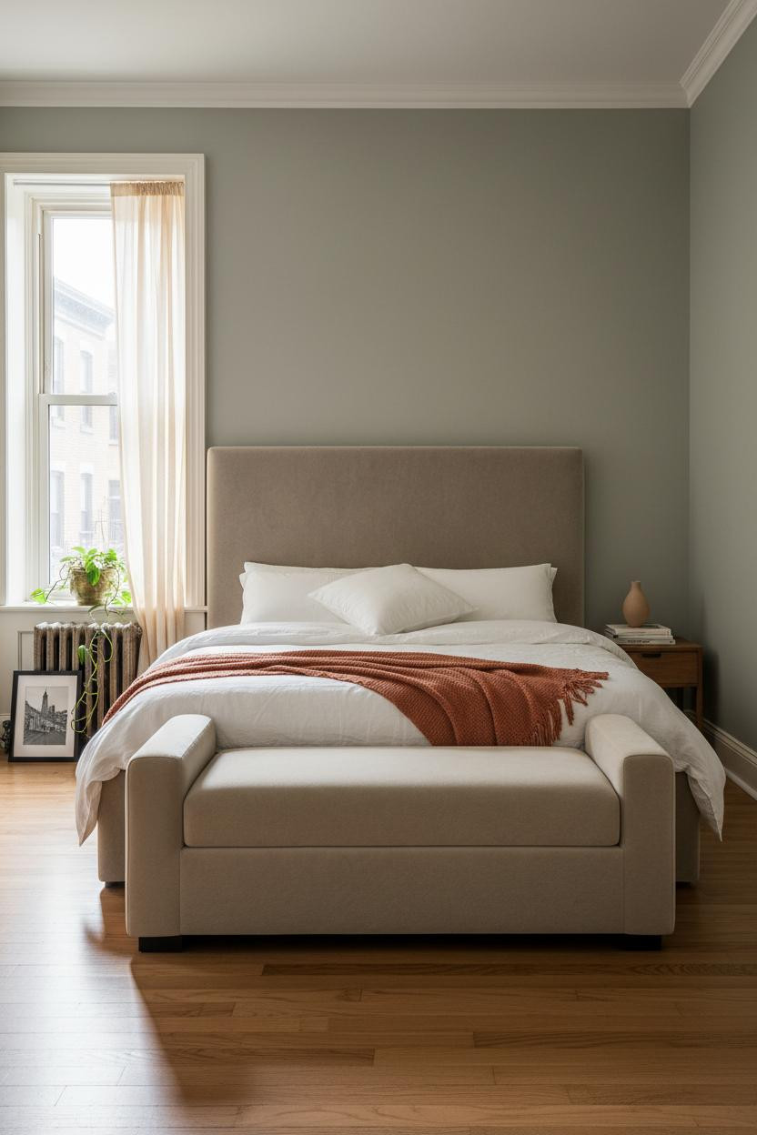 Bright NYC bedroom with warm neutral palette, upholstered cushioned bench at foot of bed, soft natural window light, cream bedding, modern wood frame, minimalist New York apartment style.