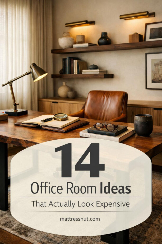 Elegant home office featuring rich wood desk, leather chair, brass accents, built-in shelving, and designer lighting