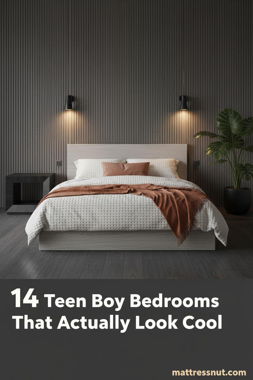 Modern teen boy bedroom with charcoal slat wall, low platform bed, cream waffle bedding, rust throw, and warm sconce lighting