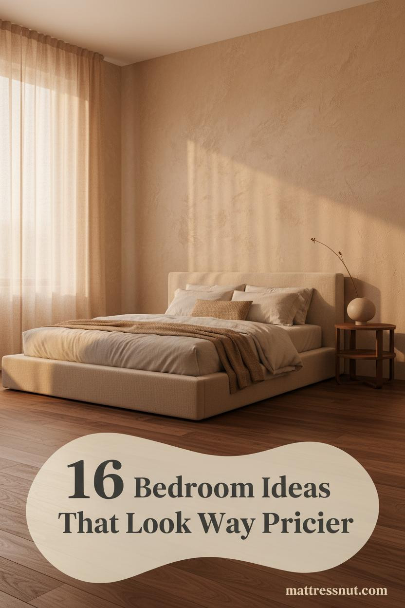 Organic modern bedroom with camel limewash plaster walls, oiled walnut floors, layered linen bedding, jute pillow, and dried stems in a sand ceramic vessel