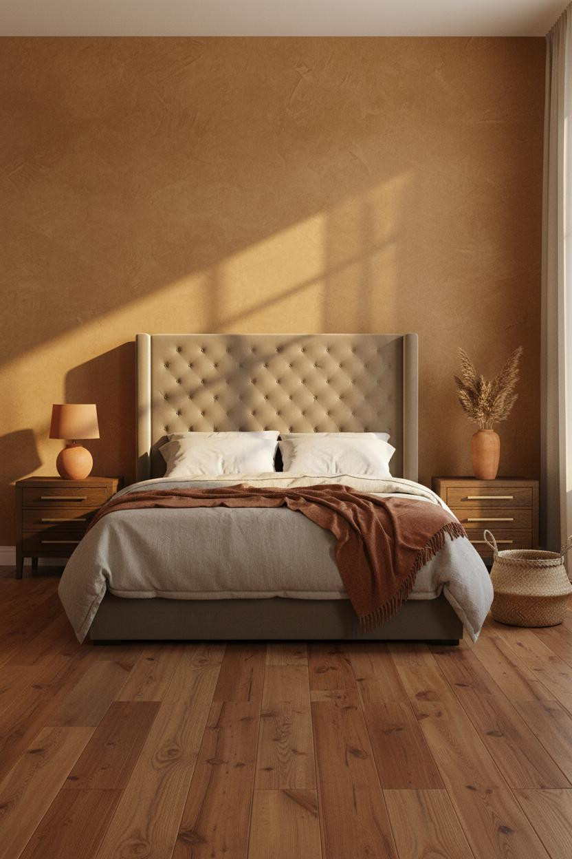 Bright, airy organic modern bedroom with warm beige bedframe, natural wood nightstand, soft linen bedding, cream walls, and diffused natural light from large window creating calm neutral aesthetic.