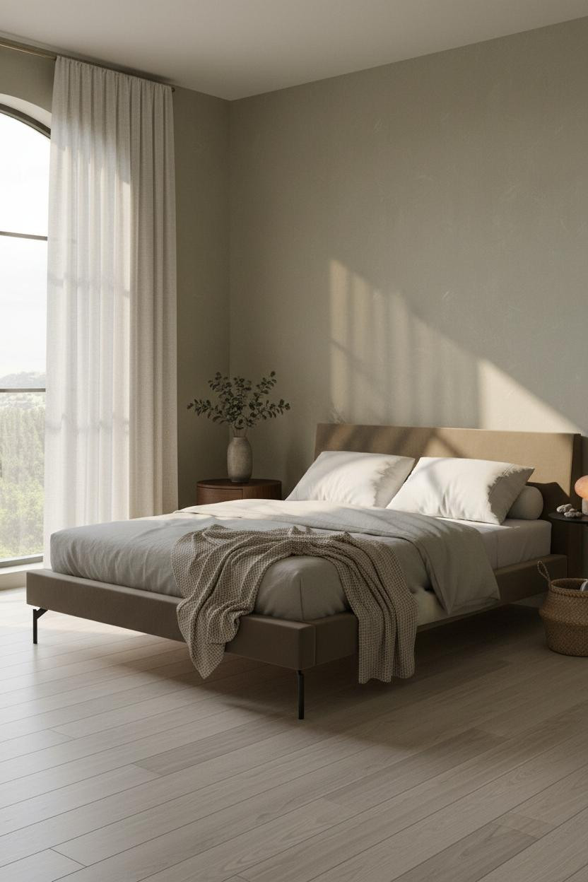 Bright organic modern bedroom with warm neutral palette, natural wood bed frame, soft linen bedding, matte brass nightstand, and layered earth-tone textures in clean, airy space.