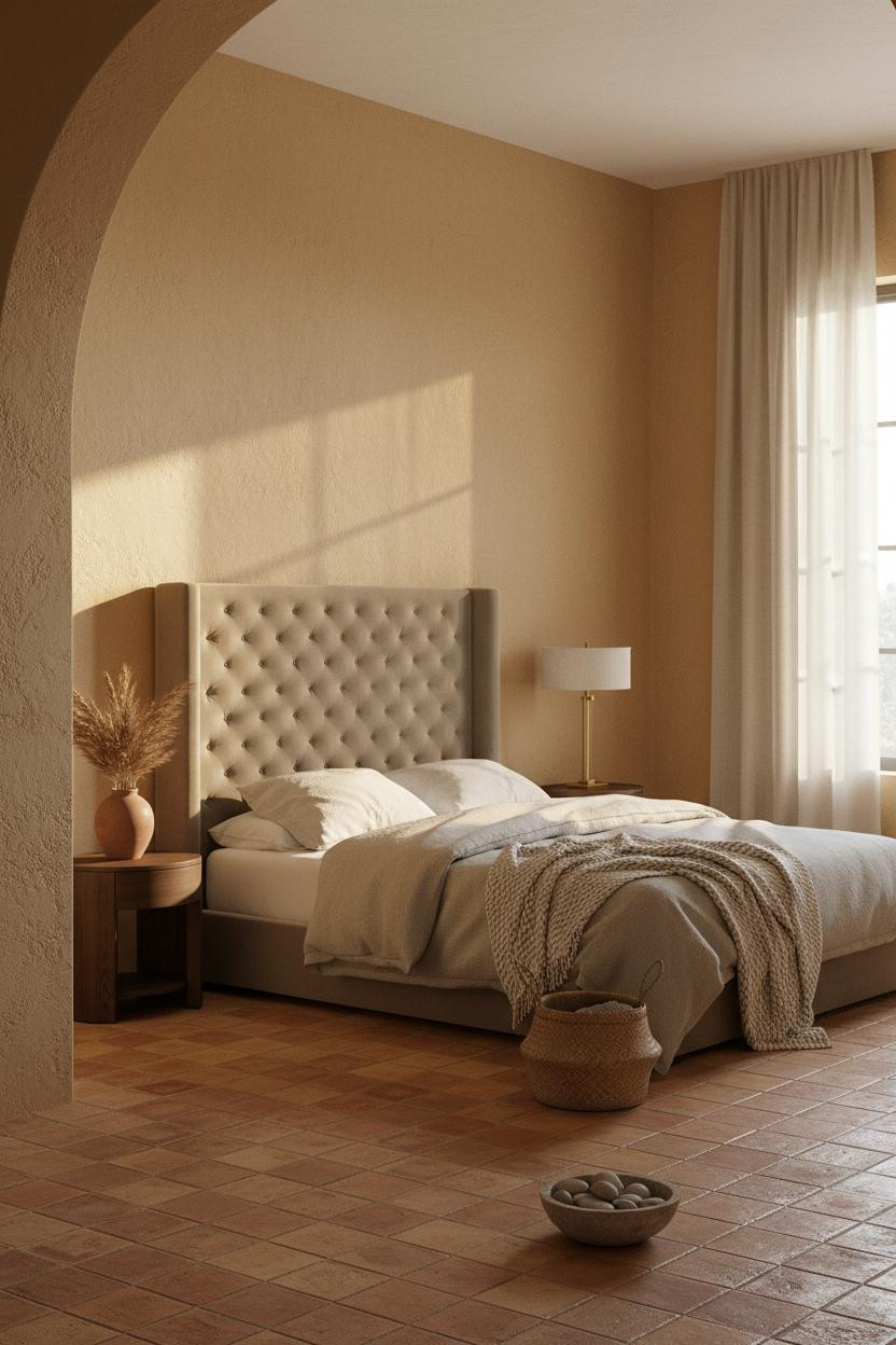 Bright organic modern bedroom with warm beige bedding, natural wood nightstand, soft cream walls, and layered neutral textures in a calm, minimalist space.