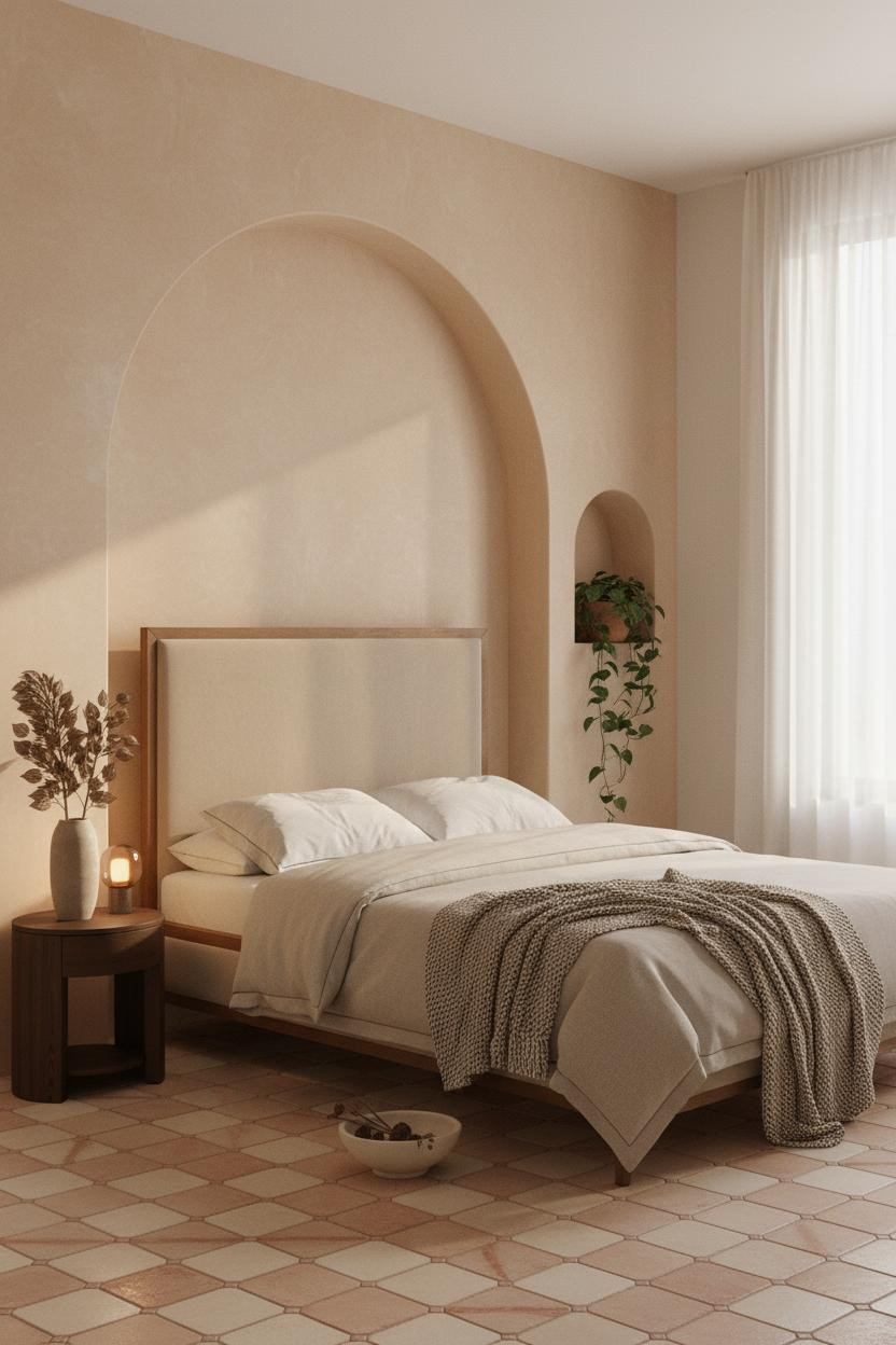 Bright, airy organic modern bedroom with warm beige bedding, natural wood nightstand, soft neutral walls, and layered textures in cream and warm earth tones.