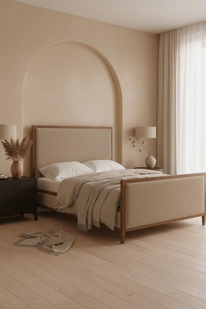 Bright, airy organic modern bedroom with warm beige bedding, natural wood nightstand, soft cream walls, woven textures, and neutral earth-tone decor creating a calm, japandi-inspired space.