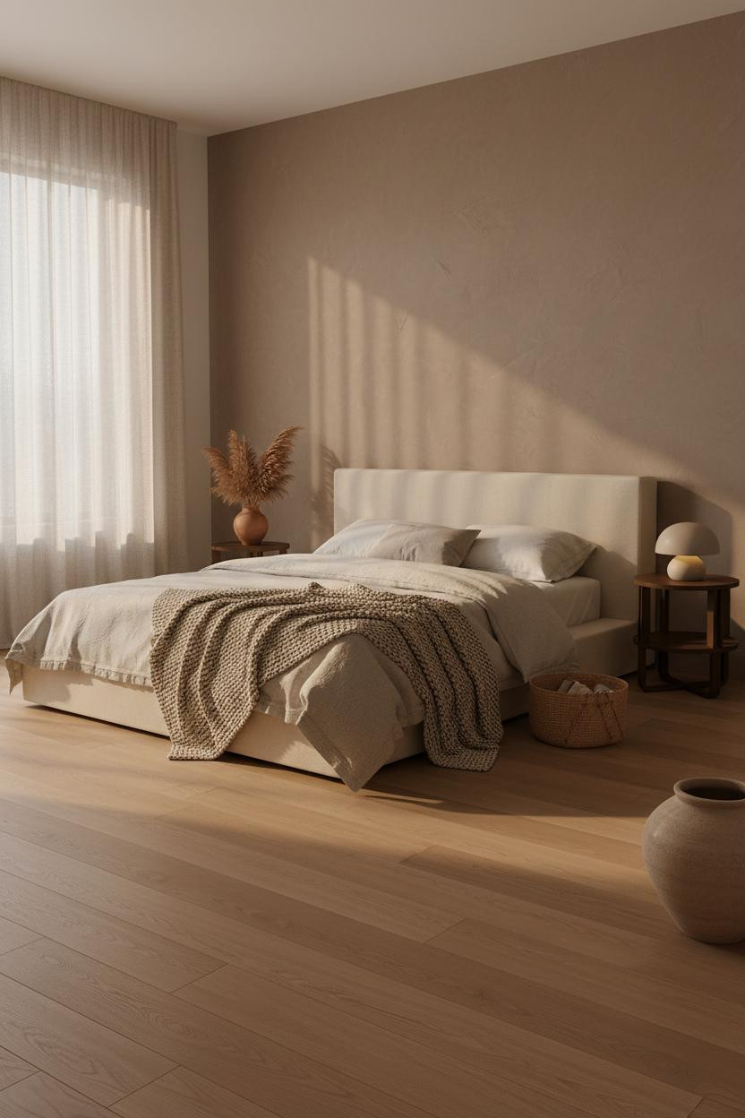 Bright organic modern bedroom with warm beige walls, natural wood bed frame, cream linen bedding, wooden nightstand, soft neutral textiles, and natural daylight from window creating calm earthy aesthetic.