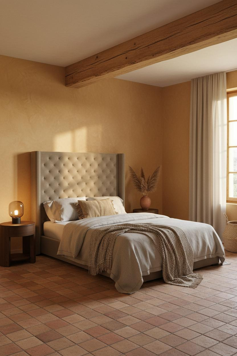 Organic modern bedroom with warm beige bedding, natural wood nightstand, soft cream walls, and layered neutral textures creating a cozy, minimalist japandi aesthetic with bright natural light.