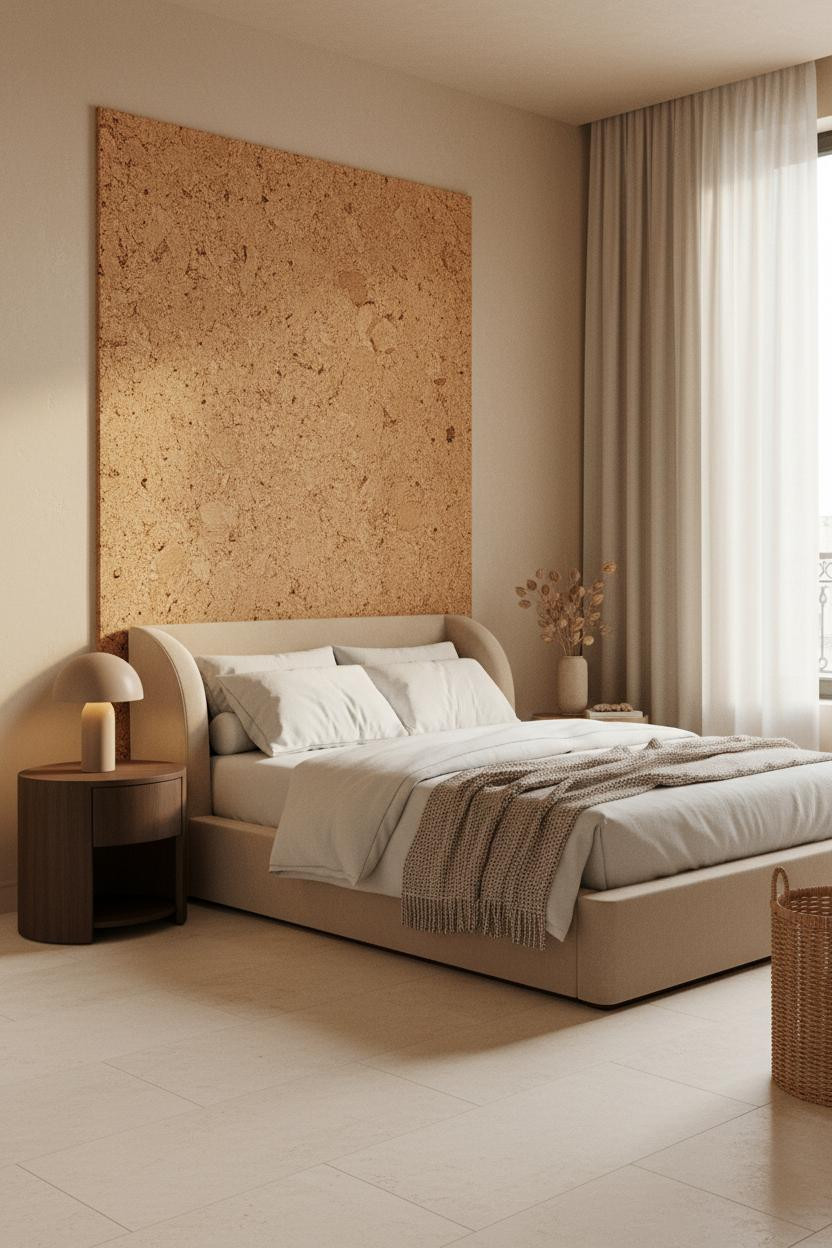 Bright, airy organic modern bedroom with warm neutral palette, natural wood bed frame, soft linen bedding, matte brass nightstand, and soft window light creating calm japandi aesthetic.
