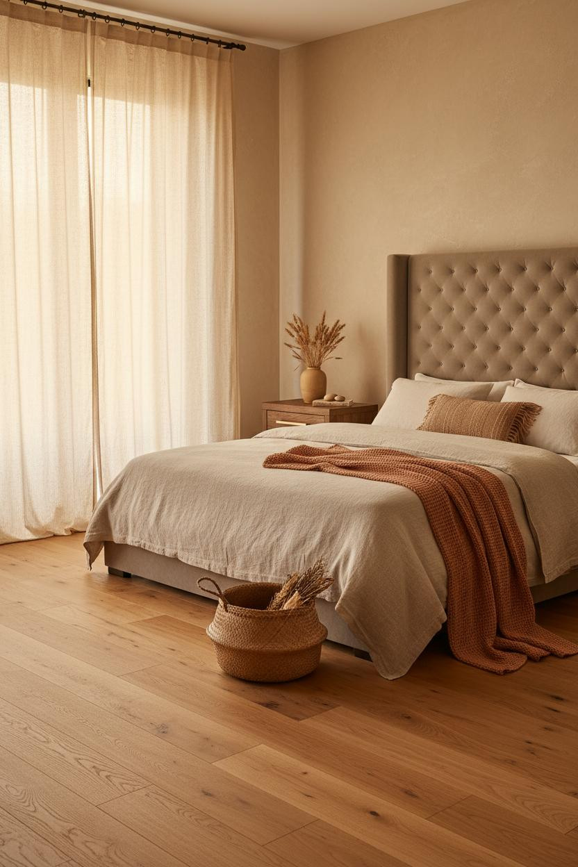 Organic modern bedroom with warm beige bedding, natural wood nightstand, soft cream walls, and bright natural light from window, creating a cozy neutral aesthetic.