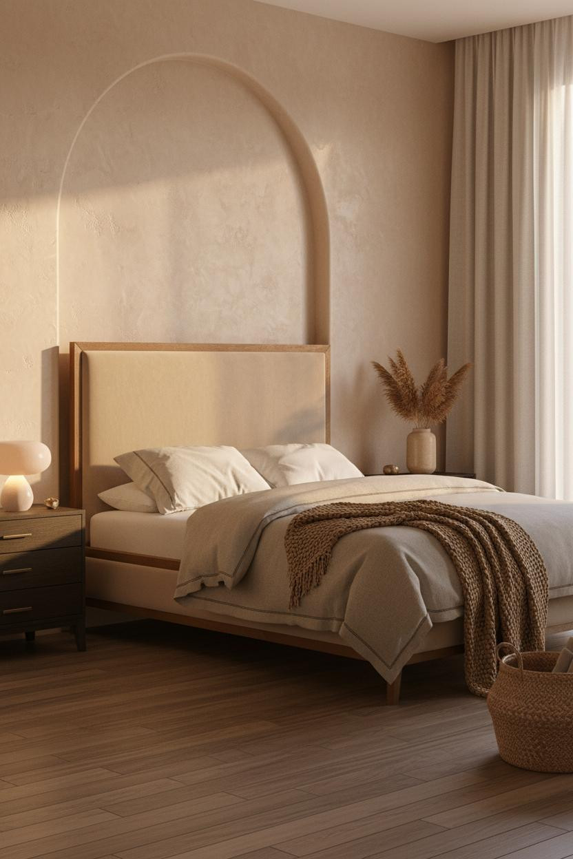 Bright, airy organic modern bedroom with warm beige bedding, natural wood nightstand, soft cream walls, and layered neutral textures in a clean, minimalist japandi style.