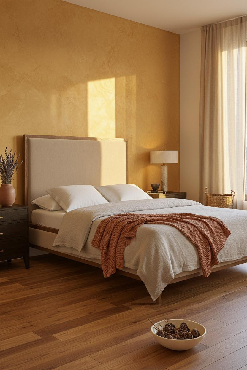 Bright organic modern bedroom with warm beige bedding, natural wood nightstand, soft cream walls, and natural daylight from window creating calm neutral aesthetic.