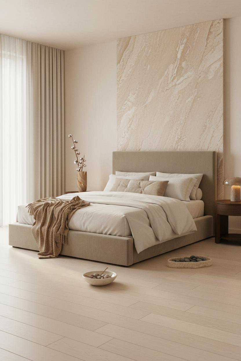 Organic modern bedroom with warm beige walls, natural wood bed frame, cream bedding, woven nightstand, soft window light, and layered earth-tone textures throughout the serene space.