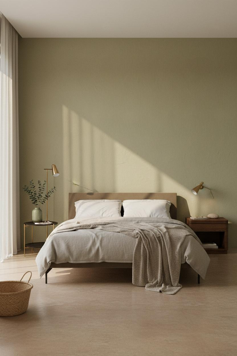 Bright organic modern bedroom with warm beige bedding, natural wood nightstand, soft cream walls, and natural daylight from window creating calm neutral aesthetic.