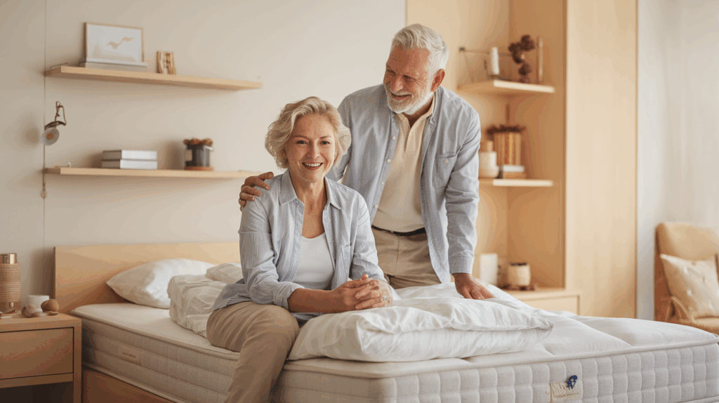Elderly couple in comfortable bedroom with premium orthopedic mattress