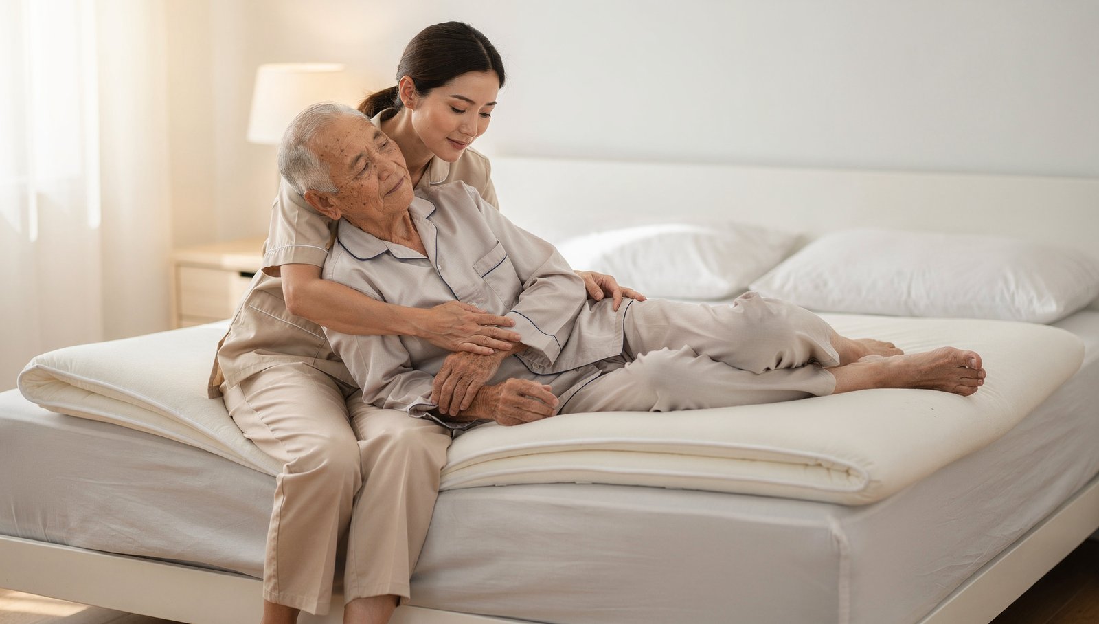 An elderly man sitting on a firm orthopedic mattress, his caregiver helping him lie down, warm caring scene