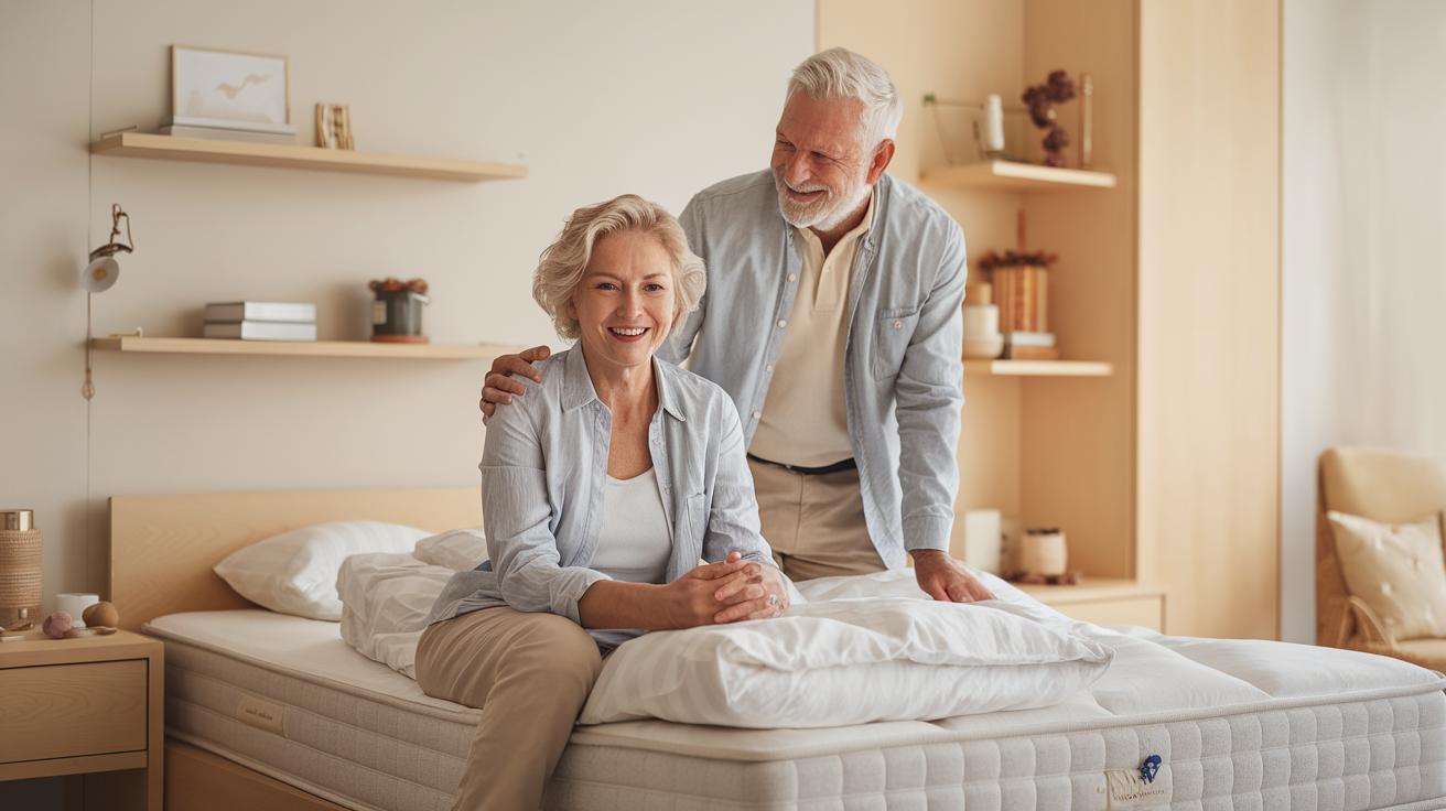 Elderly couple in comfortable bedroom with premium orthopedic mattress