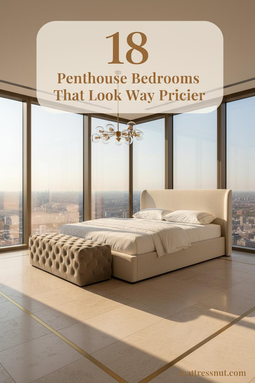 Expansive penthouse master bedroom with travertine floors, warm brass accents, panoramic city views, and soft afternoon daylight over a tufted ivory bed.